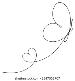 Butterfly with heart shape continuous line drawn. Vector illustration isolated on white.