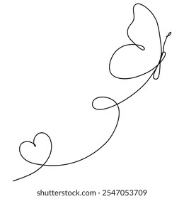 Butterfly with heart shape continuous line drawn. Vector illustration isolated on white.