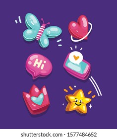 butterfly, heart, speech bubble, star, crown. vector color icon set