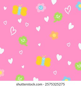 Butterfly, hearts, flowers, clover leaf on a pink background for Valentine's Day, card, wallpaper, backdrop, paper design, gift wrap, packaging, love campaign banner, blossom, fabric, floral print