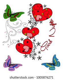 Butterfly and hearts vector art on white background