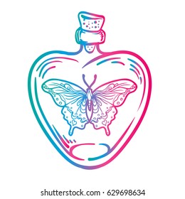 Butterfly in a heart-shaped bottle. Hand drawn engraving style illustration. Vector gradient illustration. Tattoo template. Trendy hand drawn tribal symbol collection. Hippie design elements.