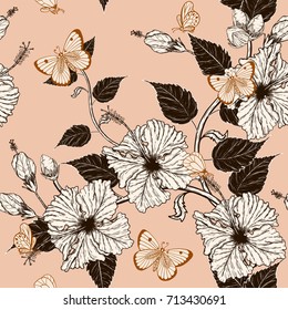 Butterfly and Hibiscus flower pattern by hand drawing.Tattoo art highly detailed in line art style.