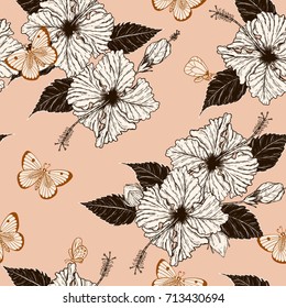 Butterfly and Hibiscus flower pattern by hand drawing.Tattoo art highly detailed in line art style.