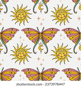 Butterfly hippie retro. Vector pattern. Flower Power drawing. Animal nature in Zen boho style. 70s 60s Summer Groovy