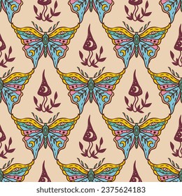 Butterfly hippie retro. Vector pattern. Flower Power drawing. Animal nature in Zen boho style. 70s 60s Summer Groovy