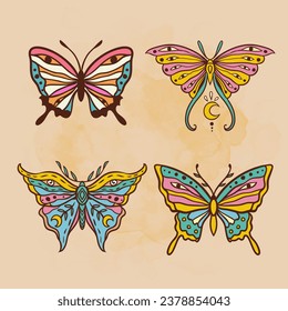 Butterfly hippie retro. Vector pattern. Flower Power drawing. Animal nature in Zen boho style. 70s 60s Summer Groovy