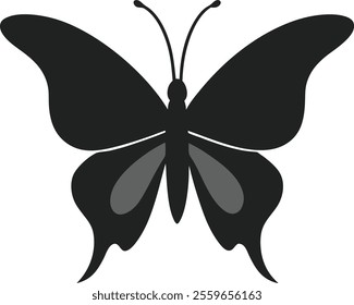 Butterfly hovering with fluttering wings, silhouette in flat vector design with dynamic posture