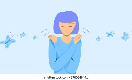 Butterfly hug. A psychology technique for self-soothing from anxiety and anger. A woman cross her arms and tap shoulder. It’s OK to not be OK. Vector illustration. Flat design