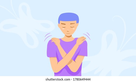 Butterfly hug. A psychology technique for self-soothing from anxiety and anger. A man cross his arms and tap his shoulder. It’s OK to not be OK. Vector illustration. Flat design