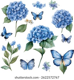butterfly hydrangea watercolor flower vector 