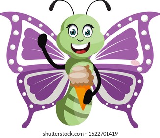 Butterfly with ice cream, illustration, vector on white background.