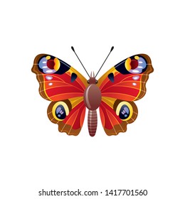 Butterfly icon. 3d realistic peacock butterfly insect with beautiful red color wings. Animal sign for logo design, poster, t-shirt print, banner. Vector illustration isolated on white background