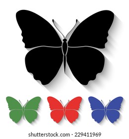 butterfly icon - black and colored (green, red, blue) illustration with shadow