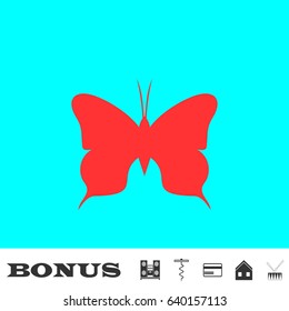 Butterfly icon flat. Red pictogram on blue background. Vector illustration symbol and bonus buttons Music center, corkscrew, credit card, house, drum