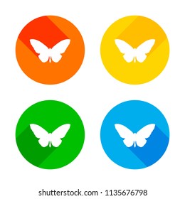 butterfly icon. Flat white icon on colored circles background. Four different long shadows in each corners