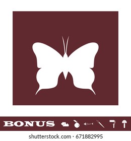 Butterfly icon flat. White pictogram on brown background. Vector illustration symbol and bonus icons