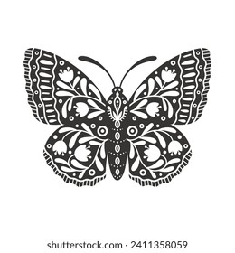 Butterfly icon with floral ornament. Vintage silhouette of black and white mystical butterfly or moth. Flying celestial insect, vector illustration