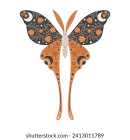 Butterfly icon with floral ornament. Vintage mystical butterfly or moth. Flying celestial insect, vector illustration