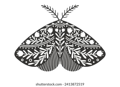 Schmetterlingssymbol mit Blumenverzierungen. Vintage-Silhouette aus schwarz-weißem mystischem Schmetterling oder Motte. Flying celestial Insekt, Vektorgrafik