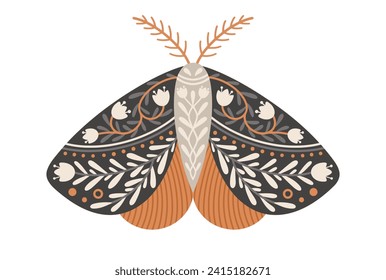 Icono de mariposa con adorno floral. Mariposa o polilla mística vintage. Infecto celestial volante, ilustración vectorial