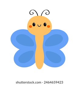 Butterfly icon. Flying blue color insect. Cute bug. Cartoon kawaii funny baby animal character. Smiling face. Baby kids collection. Childish style. Flat design. Isolated. White background. Vector