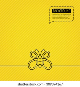Butterfly icon. Flying lepidoptera sign. Dreaming symbol. Speech bubble of dotted line. Orange background. Vector
