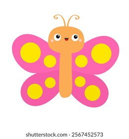 Butterfly icon. Flying pink yellow color insect bug. Cute bug. Cartoon kawaii funny baby animal character. Smiling face. Baby kids collection. Childish style. Flat design. White background. Vector