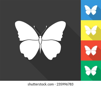 butterfly icon - gray and colored (blue, yellow, red, green) vector illustration with long shadow