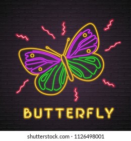 Butterfly Icon Neon Light Glowing Vector Illustration with Dark Background