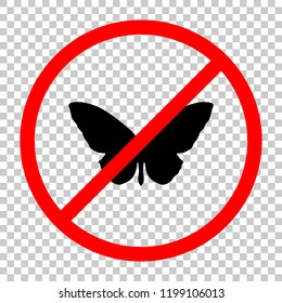 butterfly icon. Not allowed, black object in red warning sign with transparent background