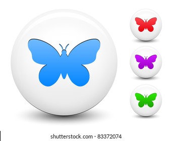 Butterfly Icon on Round White Button Collection Original Illustration