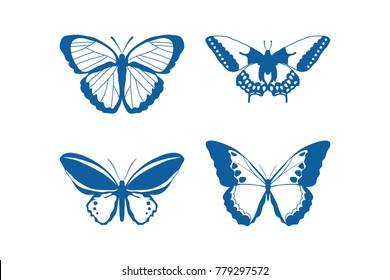 Butterfly icon on white background. Set of butterflies, isolated on white, collection of silhouettes,