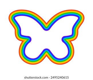 Butterfly icon with rainbow borders. Chameleon or monarch silhouette. Flying insect sign isolated on white background. Summer, happy or lgbt theme. Vector illustration.