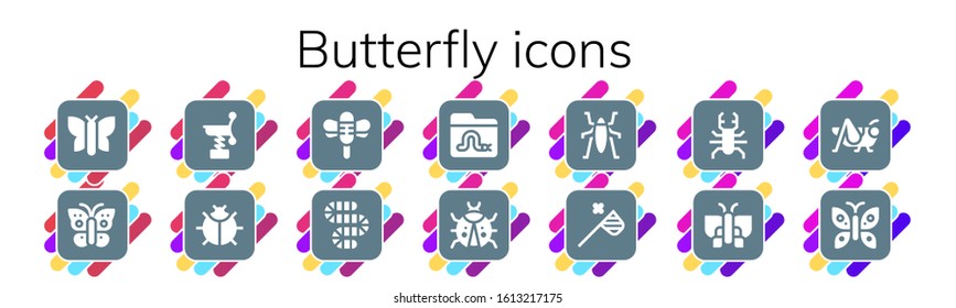 butterfly icon set. 14 filled butterfly icons.  Simple modern icons such as: Butterfly, Spring, Ladybug, Dragonfly, Worm, Insect, net, Beetle, Grasshopper