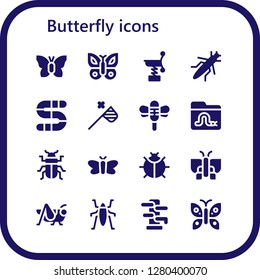  butterfly icon set. 16 filled butterfly icons. Simple modern icons about  - Butterfly, Spring, Grasshopper, Worm, Butterfly net, Dragonfly, Beetle, Moth, Ladybug, Insect, Wing chun
