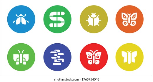 butterfly icon set. 8 filled butterfly icons. Included Ladybug, Butterfly, Worm, Wing chun icons