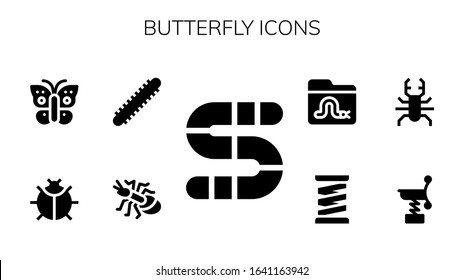 butterfly icon set. 9 filled butterfly icons. Included Worm, Ant, Centipede, Ladybug, Butterfly, Spring, Beetle icons