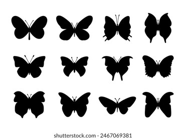 Butterfly icon set. Black butterflies silhouettes isolated on white background