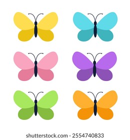 Butterfly icon set. Flying insect silhouette. Bright color red yellow yellow green blue violet wings. Cute cartoon kawaii funny character. Childish style. Flat design. White background Isolated Vector