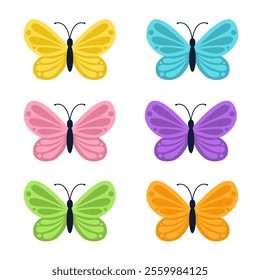 Butterfly icon set. Flying insect silhouette. Bright color beautiful pattern wings. Cute cartoon kawaii funny character. Childish style. Flat design. White background. Isolated. Vector illustration