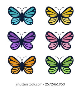 Butterfly icon set. Flying insect silhouette. Colorful and black beautiful pattern wings. Cute cartoon kawaii funny character. Childish style. Flat design. White background. Isolated. Vector