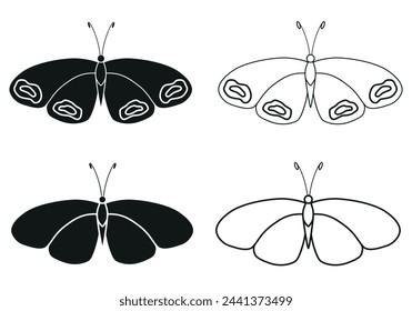 Schmetterling-Icon-Set isoliert auf weißem Hintergrund. Einfache Linie und flache Symbole für Logo, Karte, Tattoo, Stickerei oder anderes Design. Vektorgrafik. Keine KI erstellt.