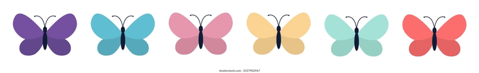 Línea de conjunto de iconos de mariposa. Silueta de insecto volador. Color pastel rojo amarillo amarillo verde azul violeta alas. Caricatura linda kawaii personaje divertido. Estilo infantil. Diseño plano. El fondo blanco. Vector