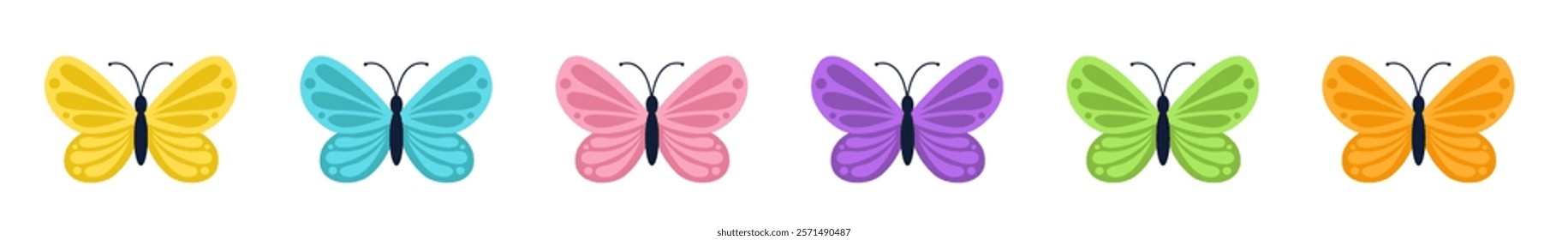 Butterfly icon set line. Flying insect silhouette. Bright color beautiful pattern wings. Cute cartoon kawaii funny character. Childish style. Flat design. Isolated. White background. Vector