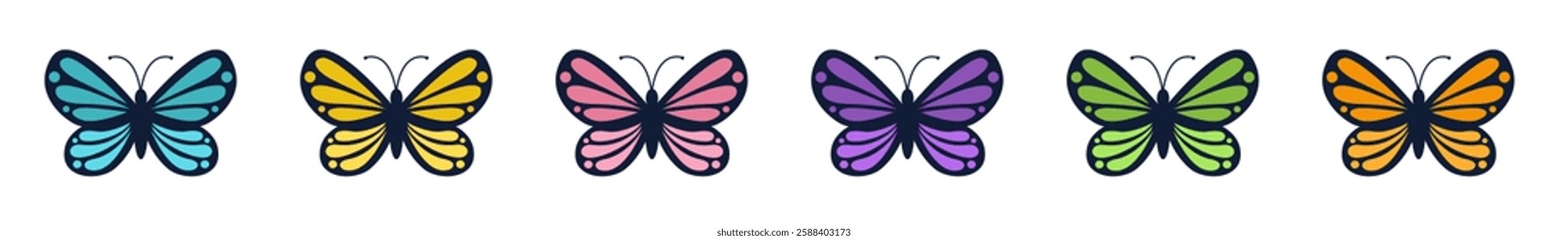 Butterfly icon set line. Flying insect silhouette. Colorful and black beautiful pattern wings. Cute cartoon kawaii funny character. Childish style. Flat design. Isolated. White background. Vector