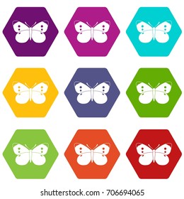 Butterfly icon set many color hexahedron isolated on white vector illustration