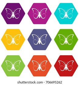 Butterfly icon set many color hexahedron isolated on white vector illustration