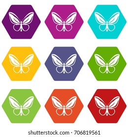 Butterfly icon set many color hexahedron isolated on white vector illustration
