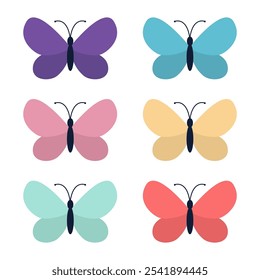 Butterfly icon set. Pastel color red yellow yellow green blue violet wings. Cute cartoon kawaii funny character. Flying insect silhouette. Childish style. Flat design. White background Isolated Vector